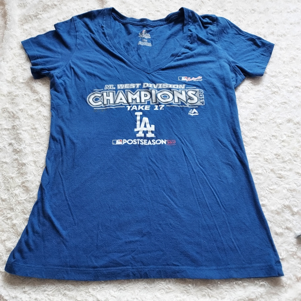 Majestic Royal Blue LA Dodgers Baseball V-Neck Tee NLDS 2017 Champions